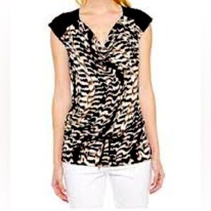 Calvin Klein Women's Cap Sleeve Cowl Neck Drawstring Cinch Waist Black/Tan Sz 2X